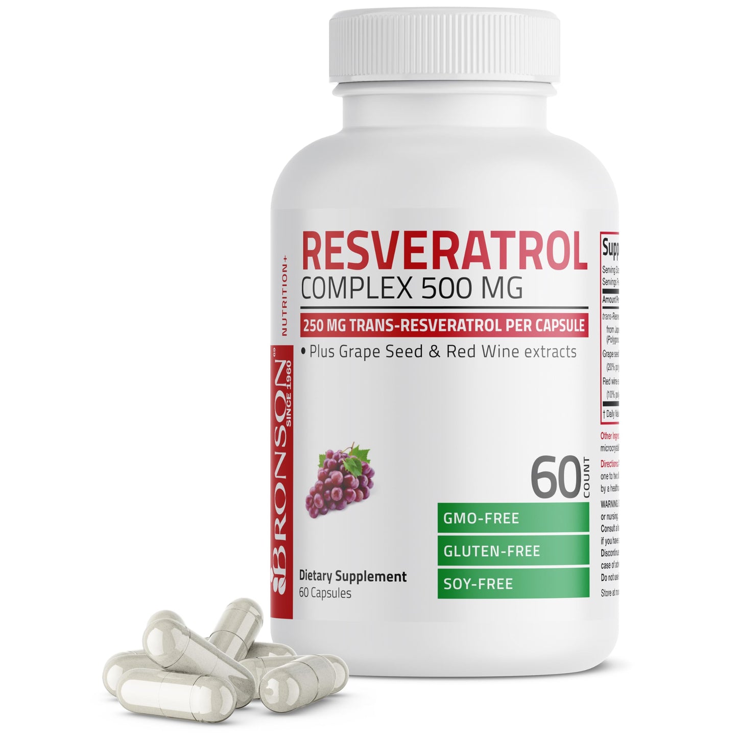 Bronson Resveratrol 500 Complex - Trans-Resveratrol + Grape Seed & Red Wine Extract, 60 Capsules