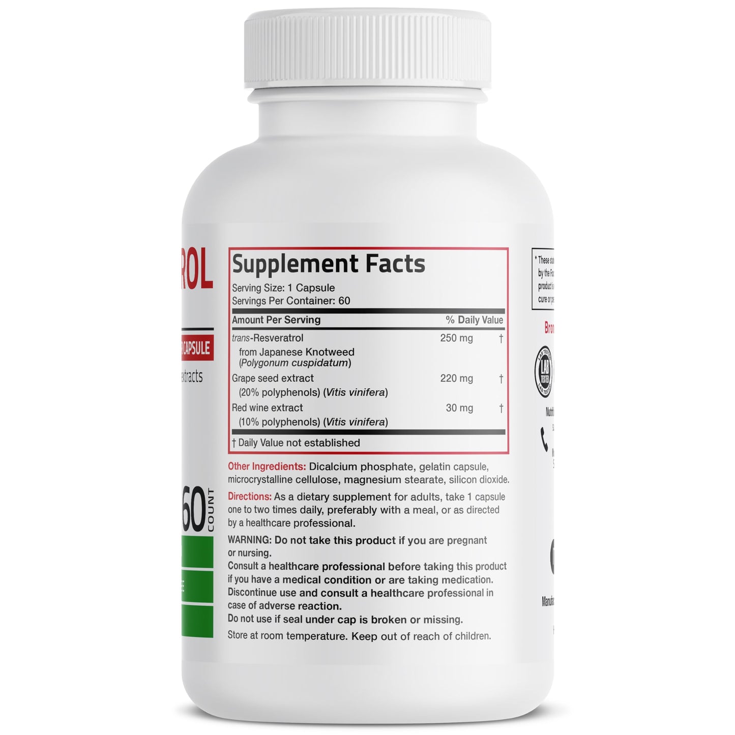 Bronson Resveratrol 500 Complex - Trans-Resveratrol + Grape Seed & Red Wine Extract, 60 Capsules