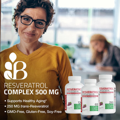 Bronson Resveratrol 500 Complex - Trans-Resveratrol + Grape Seed & Red Wine Extract, 60 Capsules