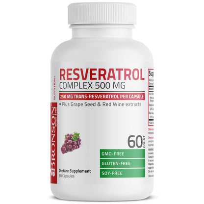 Bronson Resveratrol 500 Complex - Trans-Resveratrol + Grape Seed & Red Wine Extract, 60 Capsules