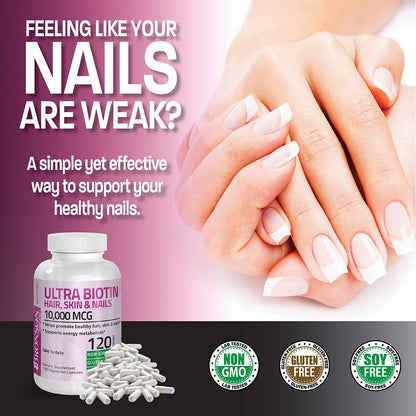 Bronson Ultra Biotin 10,000 mcg – Hair, Skin & Nails, Non-GMO, 120 Veg Capsules