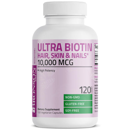Bronson Ultra Biotin 10,000 mcg – Hair, Skin & Nails, Non-GMO, 120 Veg Capsules