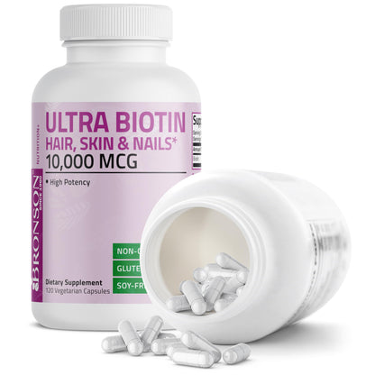 Bronson Ultra Biotin 10,000 mcg – Hair, Skin & Nails, Non-GMO, 120 Veg Capsules