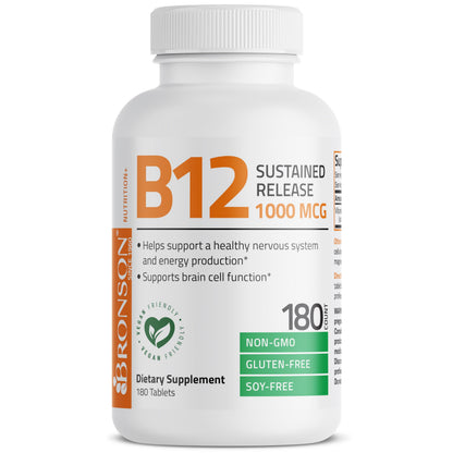 Bronson Vitamin B12 1000 mcg Sustained Release – Non-GMO, Vegan, 180 Tablets