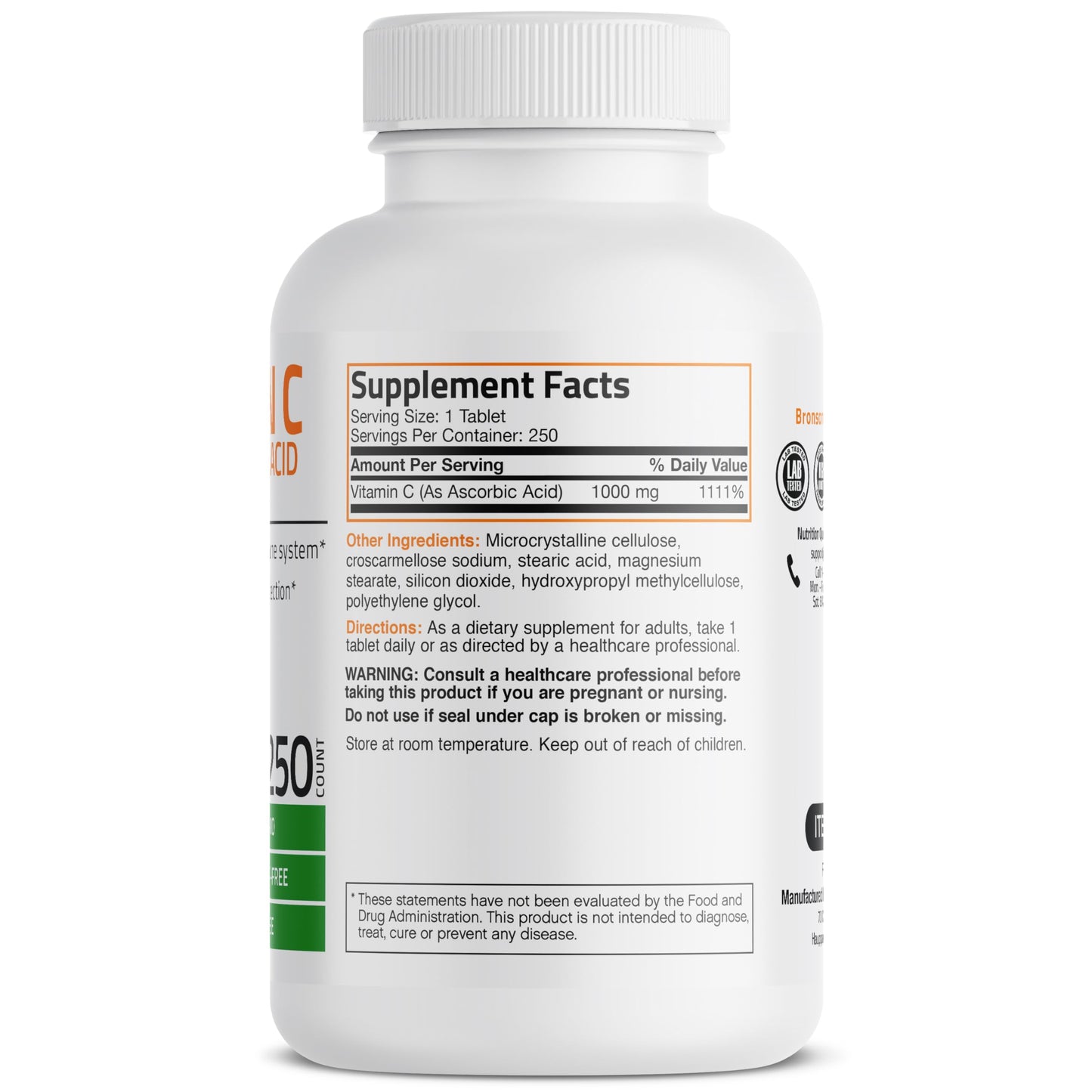 Bronson Vitamin C 1000mg Premium Non-GMO Ascorbic Acid Tablets – 250 Count