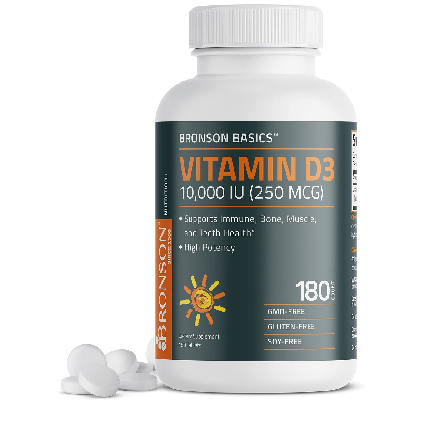 Bronson Vitamin D3 10,000 IU (250 mcg) - Immune Support, Healthy Muscles, Non-GMO, 180 Tablets
