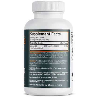 Bronson Vitamin D3 10,000 IU (250 mcg) - Immune Support, Healthy Muscles, Non-GMO, 180 Tablets