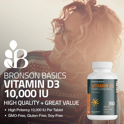 Bronson Vitamin D3 10,000 IU (250 mcg) - Immune Support, Healthy Muscles, Non-GMO, 180 Tablets