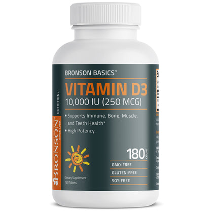 Bronson Vitamin D3 10,000 IU (250 mcg) - Immune Support, Healthy Muscles, Non-GMO, 180 Tablets