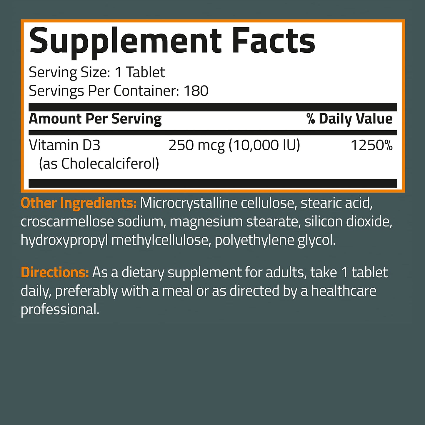 Bronson Vitamin D3 10,000 IU (250 mcg) - Immune Support, Healthy Muscles, Non-GMO, 180 Tablets