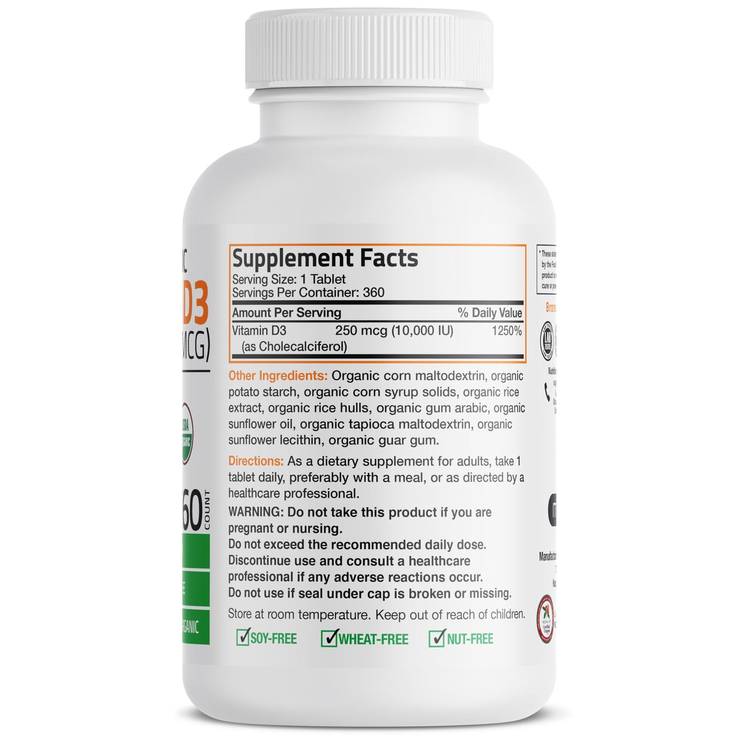 Bronson Vitamin D3 10,000 IU Organic - 360 Tablets | Non-GMO
