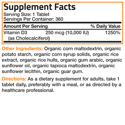 Bronson Vitamin D3 10,000 IU Organic - 360 Tablets | Non-GMO