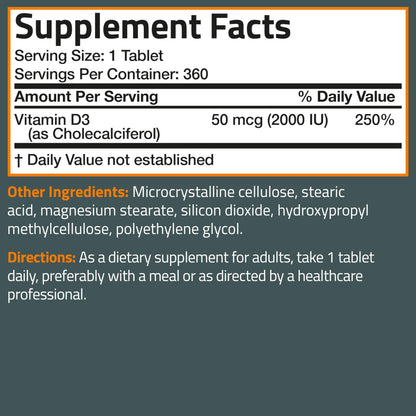 Bronson Vitamin D3 2000 IU (50 mcg) Non-GMO, 360 Tablets