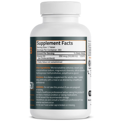 Bronson Vitamin D3 10,000 IU (250mcg) – 360 Tablets, 1 Year Supply | Immune Support & Muscle Function
