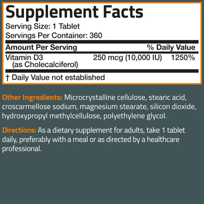 Bronson Vitamin D3 10,000 IU (250mcg) – 360 Tablets, 1 Year Supply | Immune Support & Muscle Function