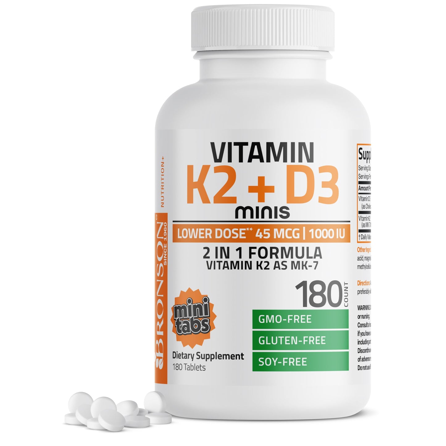 Bronson Vitamin K2 MK-7 with D3 Minis (180 Mini Tablets) - 45 mcg K2, 1000 IU D3