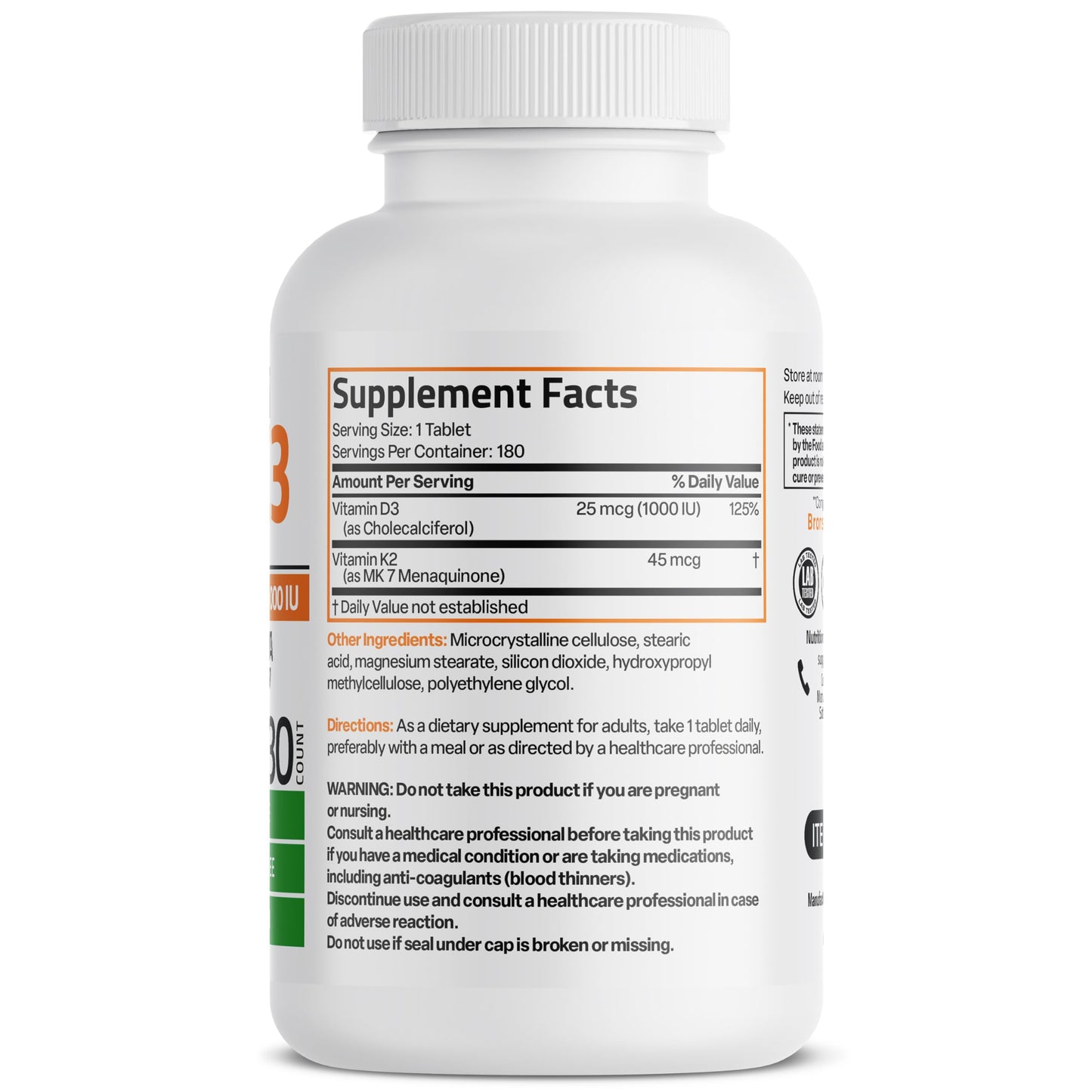 Bronson Vitamin K2 MK-7 with D3 Minis (180 Mini Tablets) - 45 mcg K2, 1000 IU D3