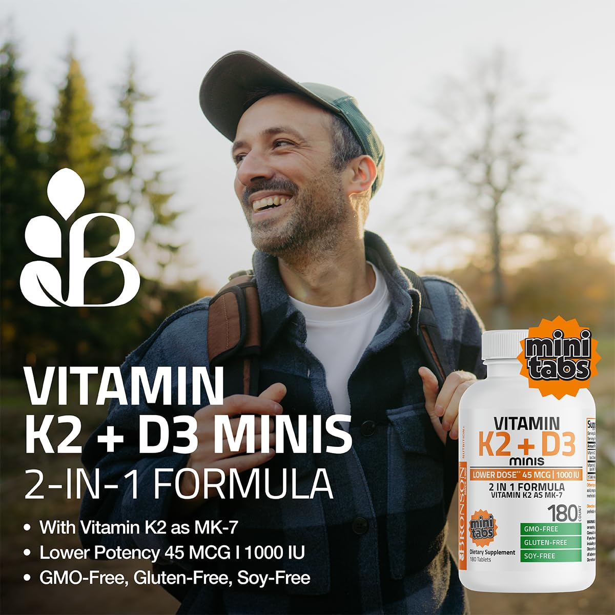 Bronson Vitamin K2 MK-7 with D3 Minis (180 Mini Tablets) - 45 mcg K2, 1000 IU D3