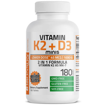 Bronson Vitamin K2 MK-7 with D3 Minis (180 Mini Tablets) - 45 mcg K2, 1000 IU D3