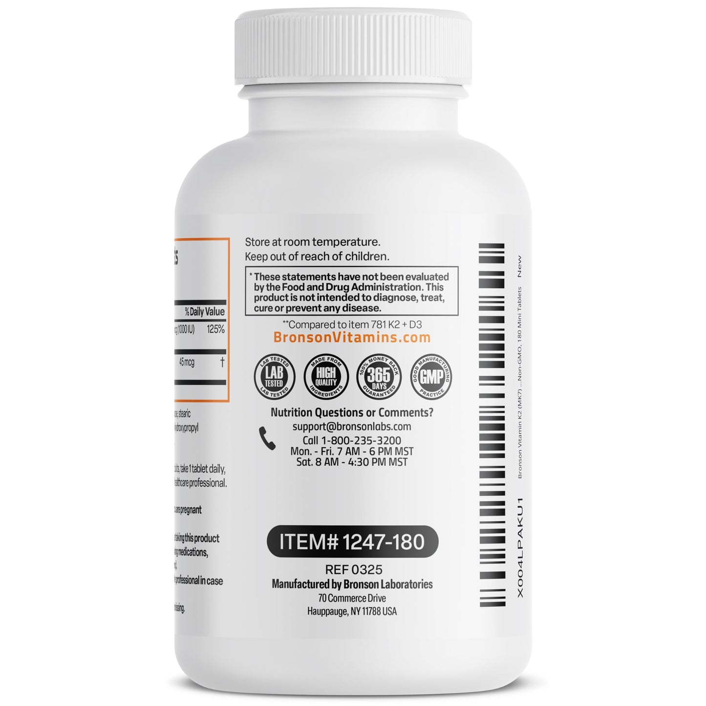 Bronson Vitamin K2 MK-7 with D3 Minis (180 Mini Tablets) - 45 mcg K2, 1000 IU D3