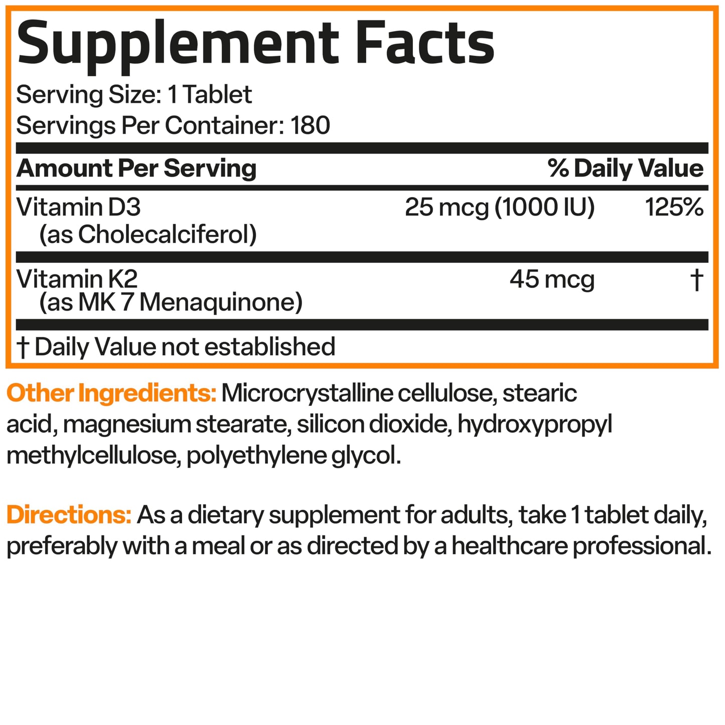 Bronson Vitamin K2 MK-7 with D3 Minis (180 Mini Tablets) - 45 mcg K2, 1000 IU D3