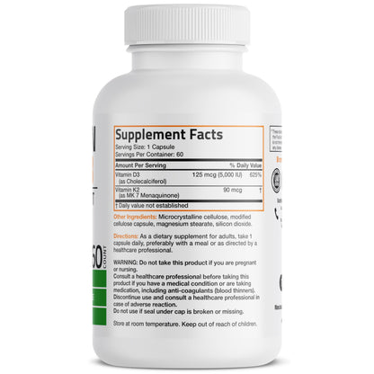 Bronson Vitamin K2 D3 (MK-7) Supplement – 60 Capsules | Non-GMO