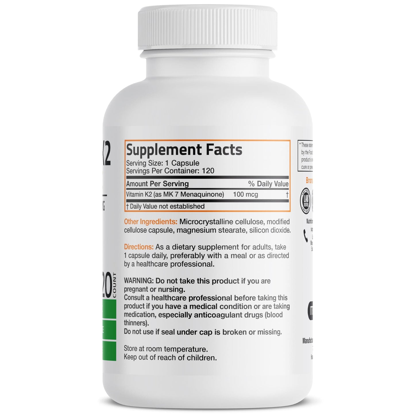 Bronson Vitamin K2 MK-7 Menaquinone 100 mcg – Non-GMO, 120 Capsules