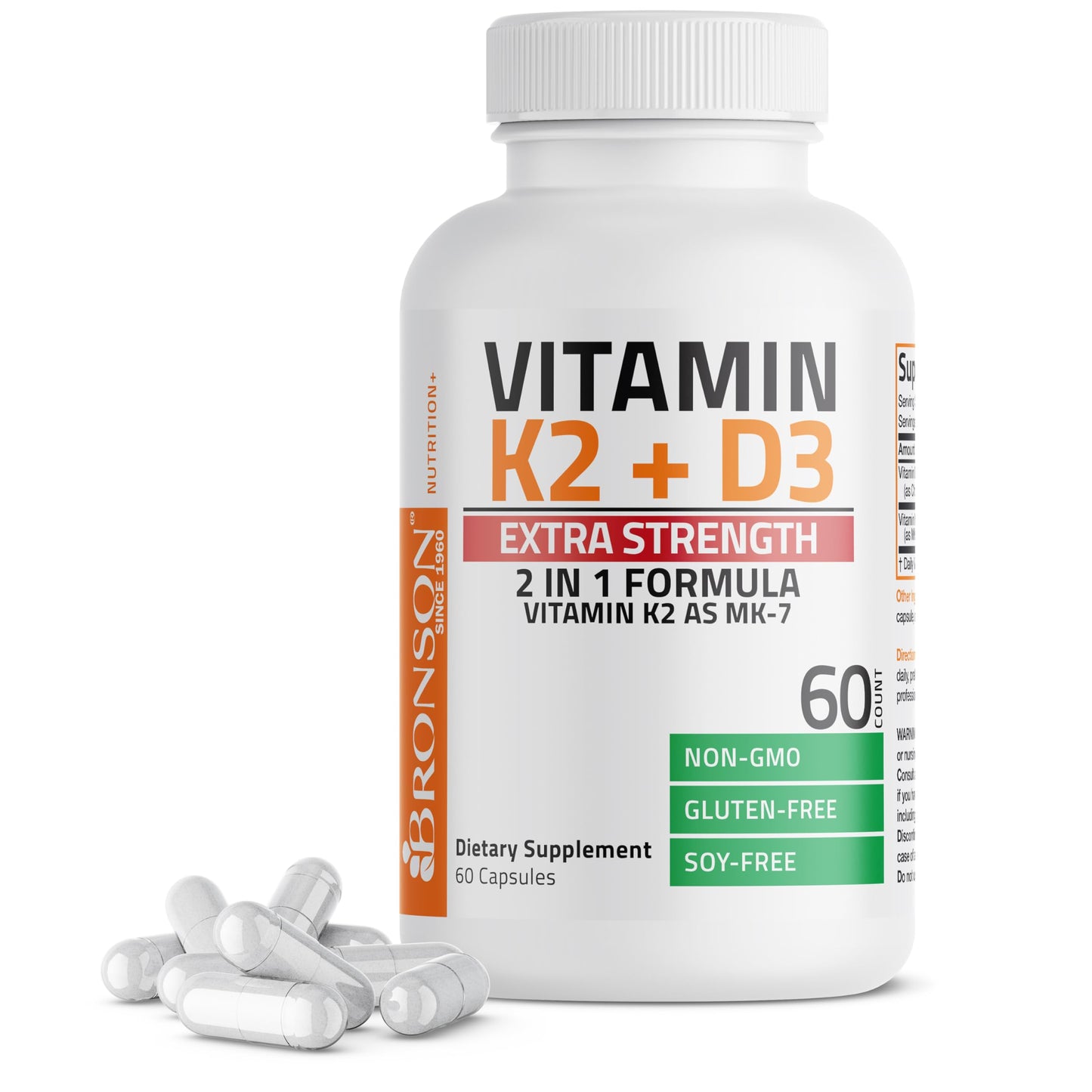 Bronson Vitamin K2 MK-7 with D3 Extra Strength — 60 Caps, Non-GMO