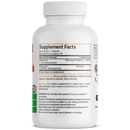 Bronson Vitamin K2 MK-7 with D3 Extra Strength — 60 Caps, Non-GMO