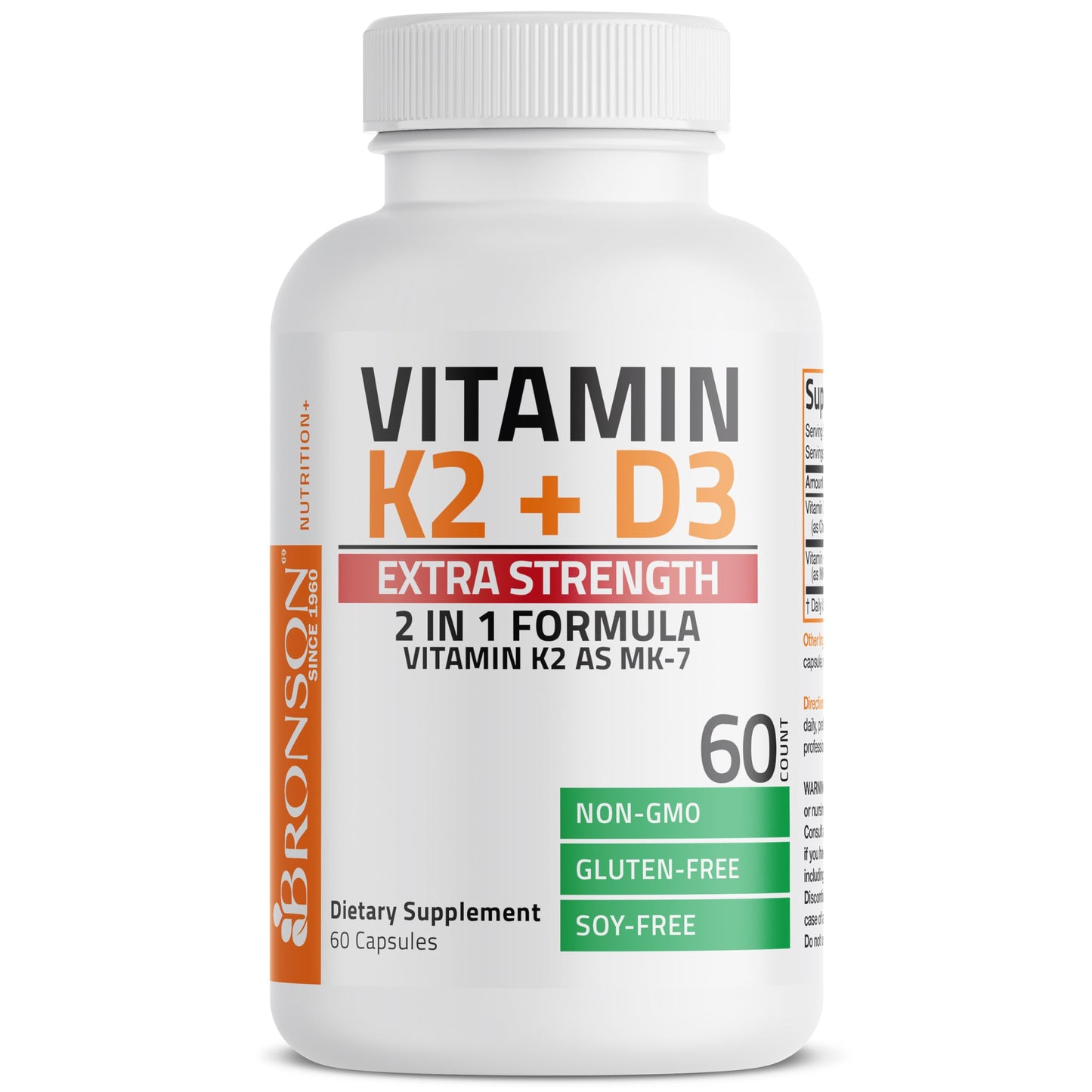 Bronson Vitamin K2 MK-7 with D3 Extra Strength — 60 Caps, Non-GMO