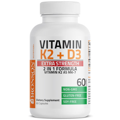 Bronson Vitamin K2 MK-7 with D3 Extra Strength — 60 Caps, Non-GMO
