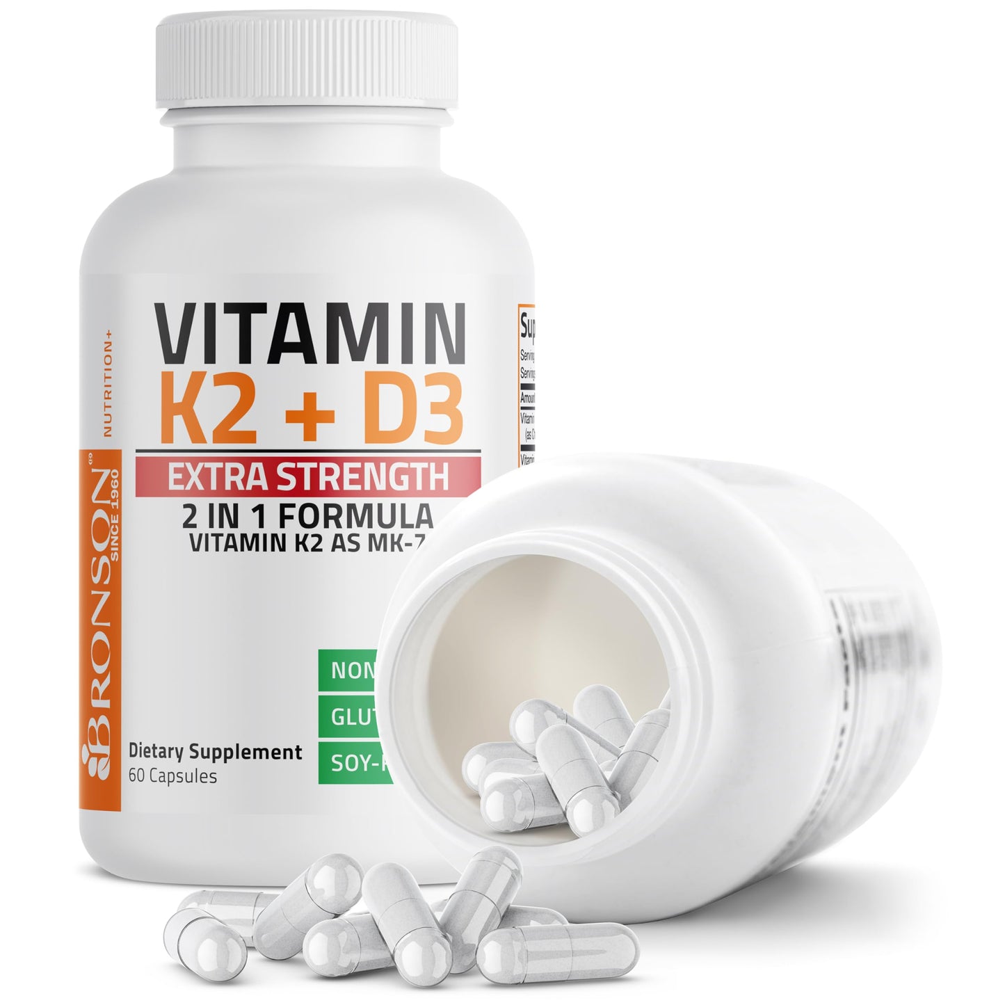 Bronson Vitamin K2 MK-7 with D3 Extra Strength — 60 Caps, Non-GMO