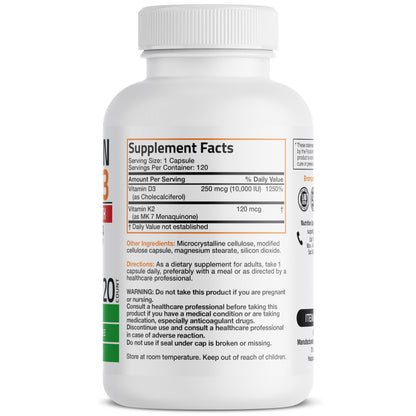 Bronson Vitamin K2 MK-7 with D3 Extra Strength – 10,000 IU D3, 120 mcg K2 MK-7, 120 Capsules