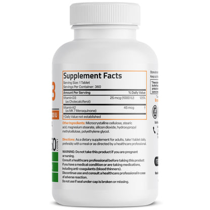 Bronson Vitamin K2 MK-7 with D3 Minis – 45 mcg K2, 1000 IU D3, 360 Mini Tablets