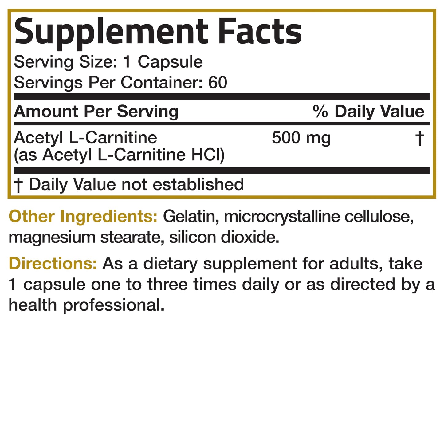 Bronson Acetyl L-Carnitine 500 MG High Potency - Non-GMO, 60 Capsules