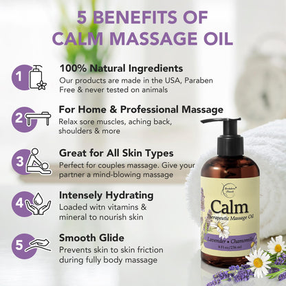 Calm Massage Oil with Lavender & Roman Chamomile – All-Natural, Nut-Free, 8oz | Brookethorne Naturals