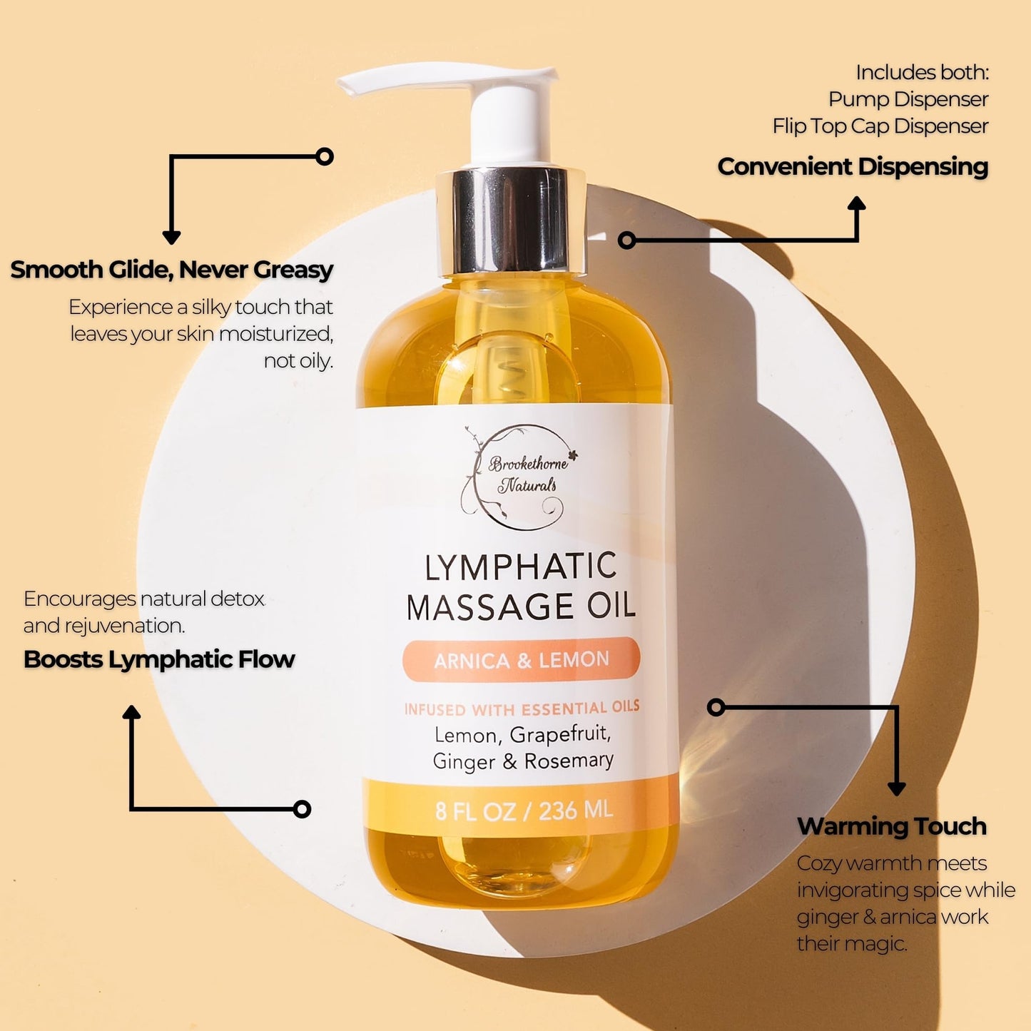 Lymphatic Massage Oil | 100% Natural, Arnica, Lemon & Ginger | 8oz | Brookethorne Naturals