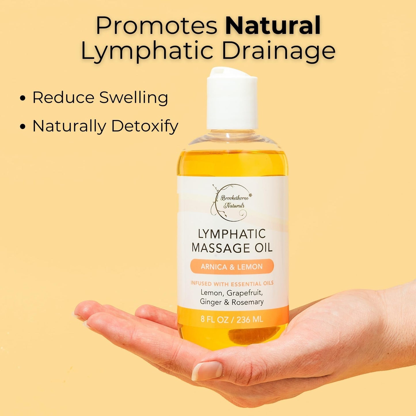 Lymphatic Massage Oil | 100% Natural, Arnica, Lemon & Ginger | 8oz | Brookethorne Naturals
