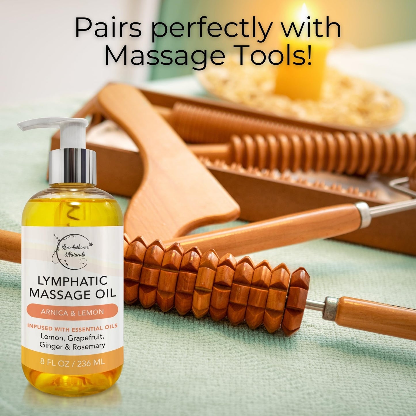 Lymphatic Massage Oil | 100% Natural, Arnica, Lemon & Ginger | 8oz | Brookethorne Naturals