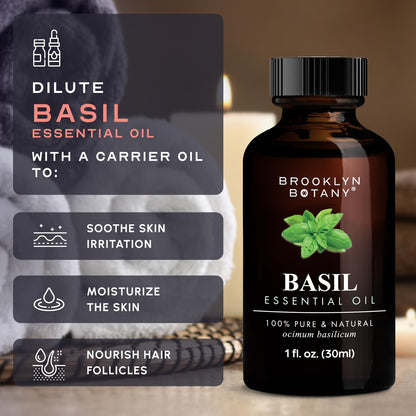 Brooklyn Botany Basil Essential Oil – 100% Pure & Natural, Therapeutic Grade, 1 Fl Oz with Dropper