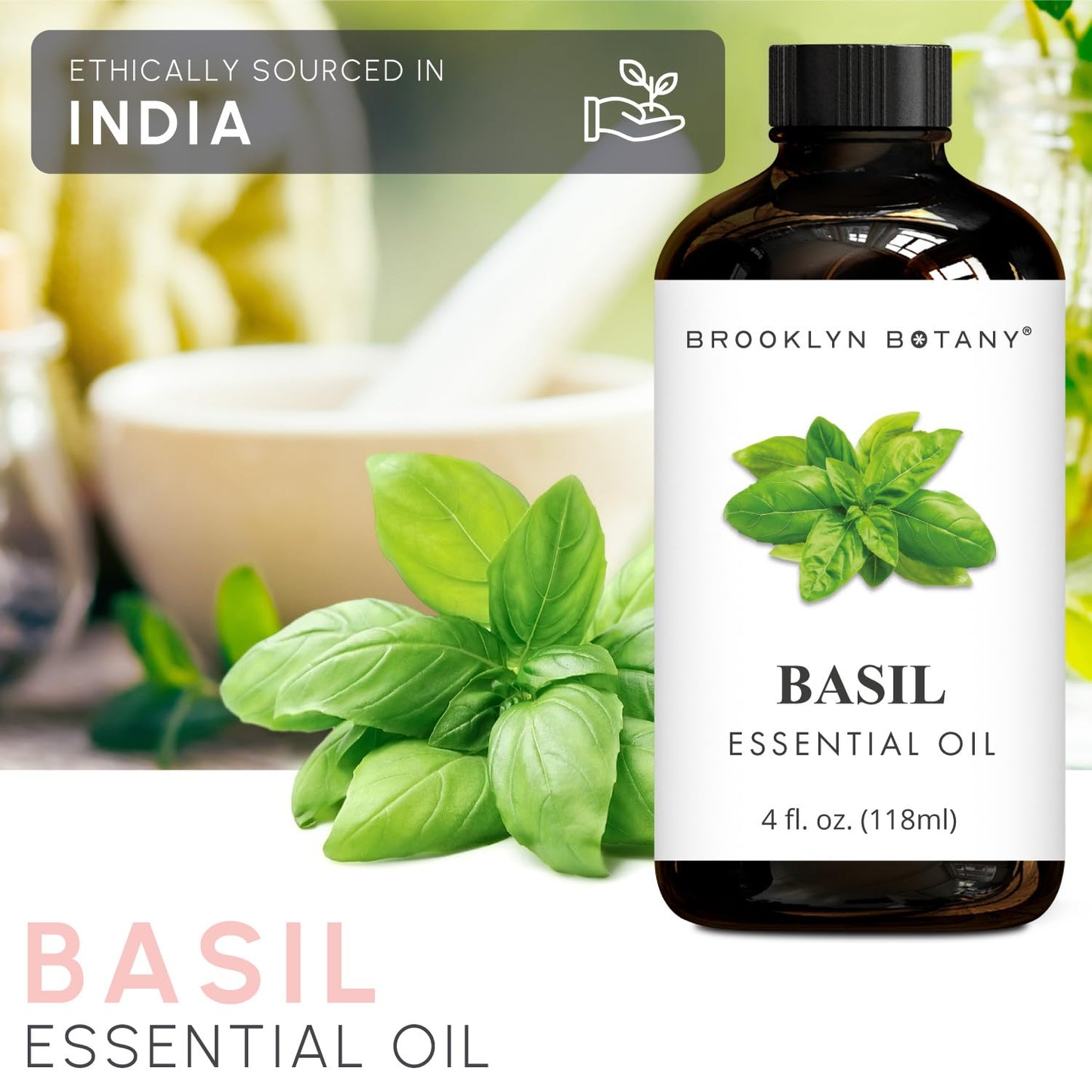 Brooklyn Botany Basil Essential Oil - 4 Fl Oz | 100% Pure & Natural, Premium Grade with Dropper
