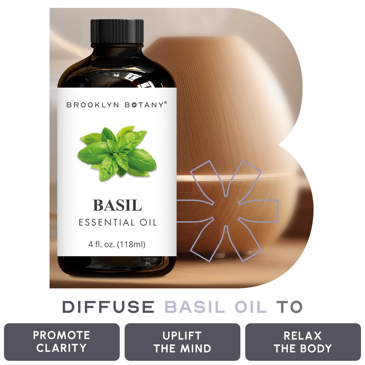 Brooklyn Botany Basil Essential Oil - 4 Fl Oz | 100% Pure & Natural, Premium Grade with Dropper