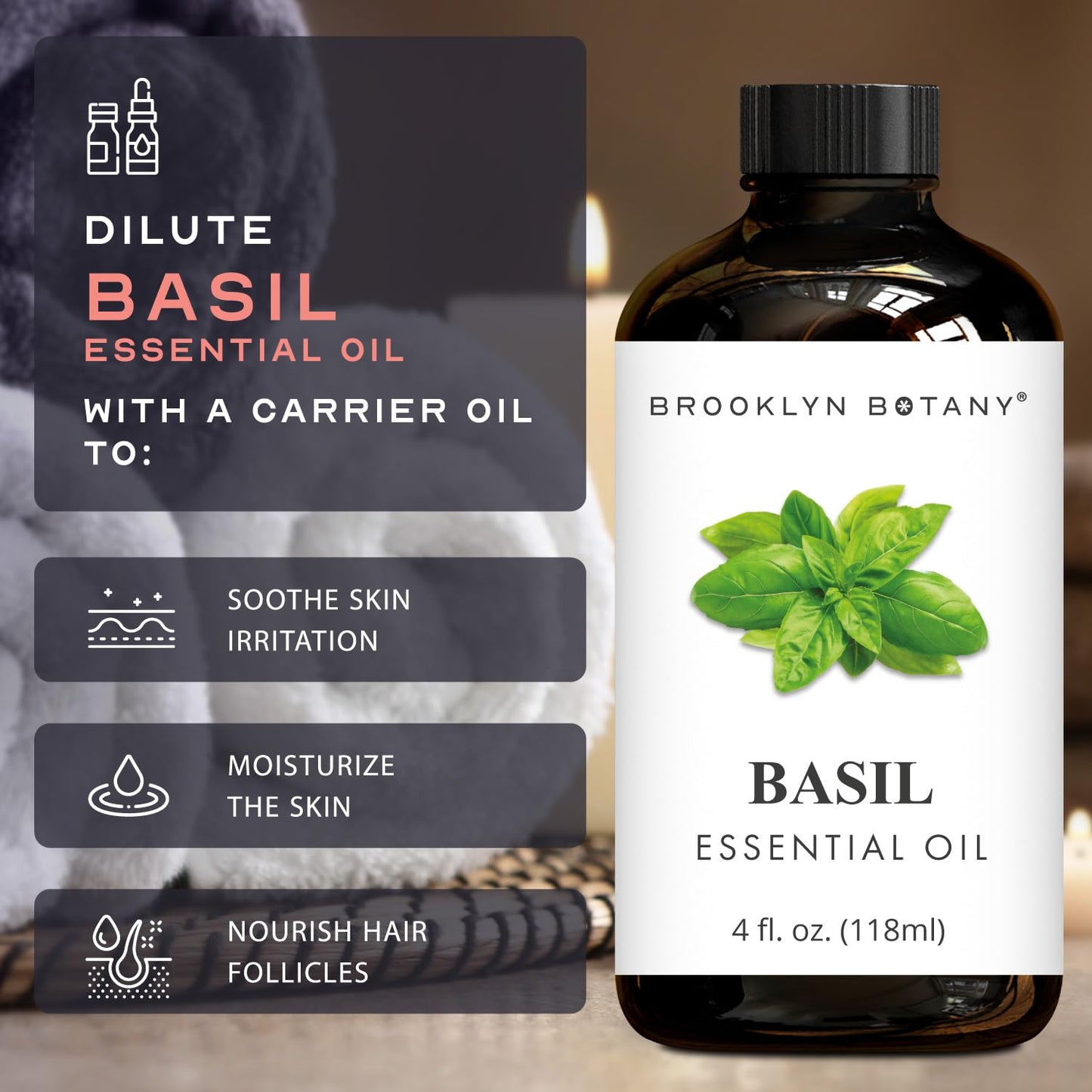 Brooklyn Botany Basil Essential Oil - 4 Fl Oz | 100% Pure & Natural, Premium Grade with Dropper