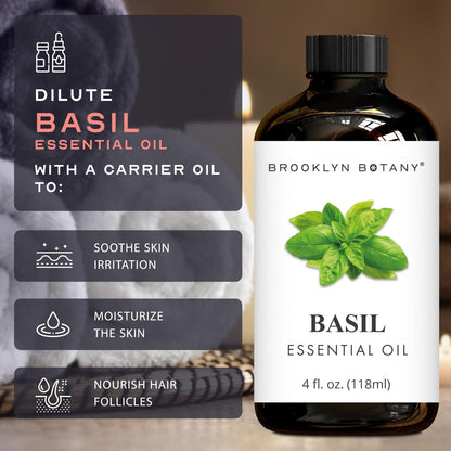 Brooklyn Botany Basil Essential Oil - 4 Fl Oz | 100% Pure & Natural, Premium Grade with Dropper