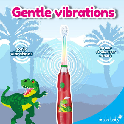 brush-baby KidzSonic Dinosaur Kids Electric Toothbrush (3+) – Disco LED Lights, Gentle Sonic Vibrations, 2-Minute Smart Timer & 30-Second Pulse Reminders – AAA Battery Included