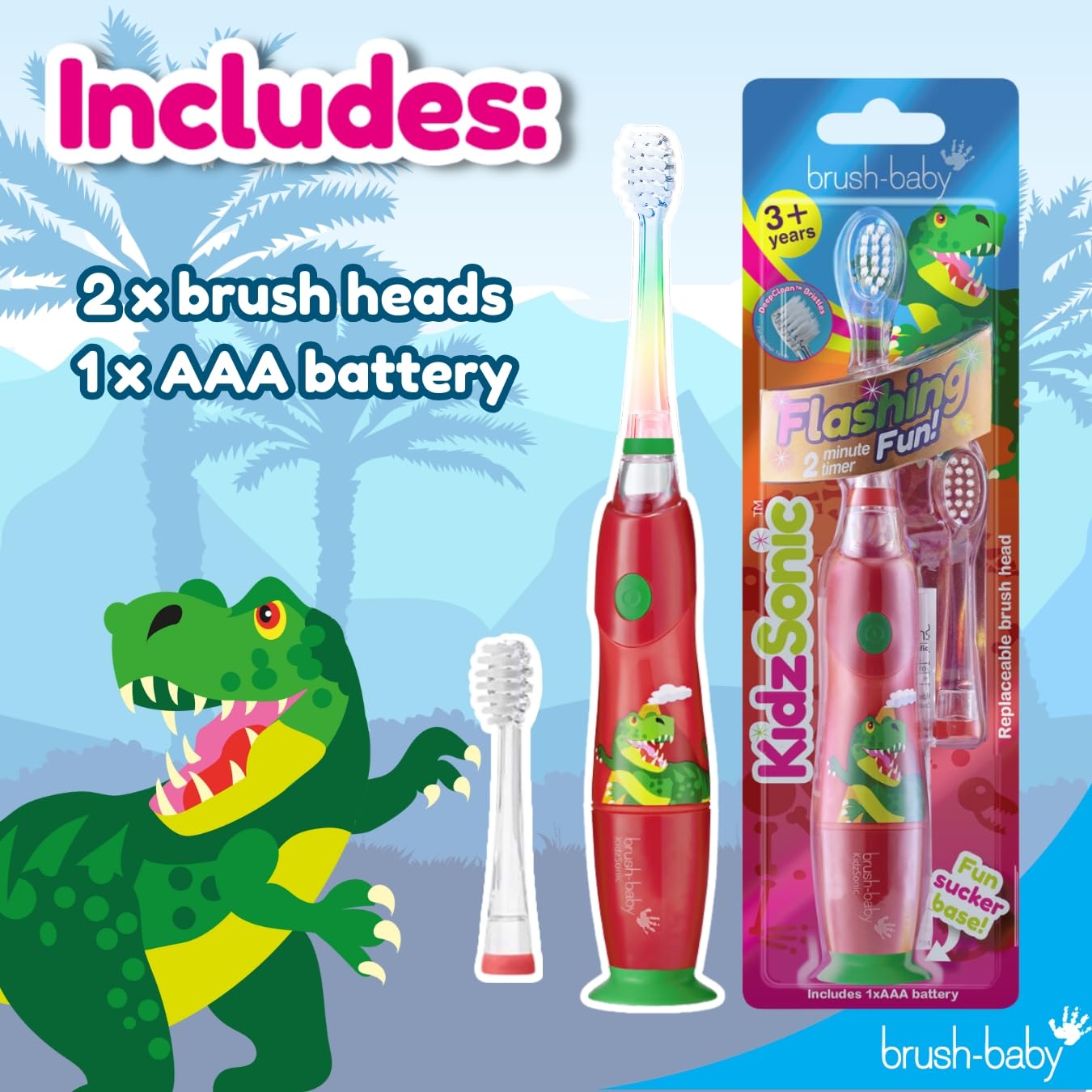 brush-baby KidzSonic Dinosaur Kids Electric Toothbrush (3+) – Disco LED Lights, Gentle Sonic Vibrations, 2-Minute Smart Timer & 30-Second Pulse Reminders – AAA Battery Included