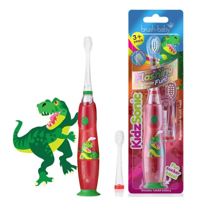 brush-baby KidzSonic Dinosaur Kids Electric Toothbrush (3+) – Disco LED Lights, Gentle Sonic Vibrations, 2-Minute Smart Timer & 30-Second Pulse Reminders – AAA Battery Included