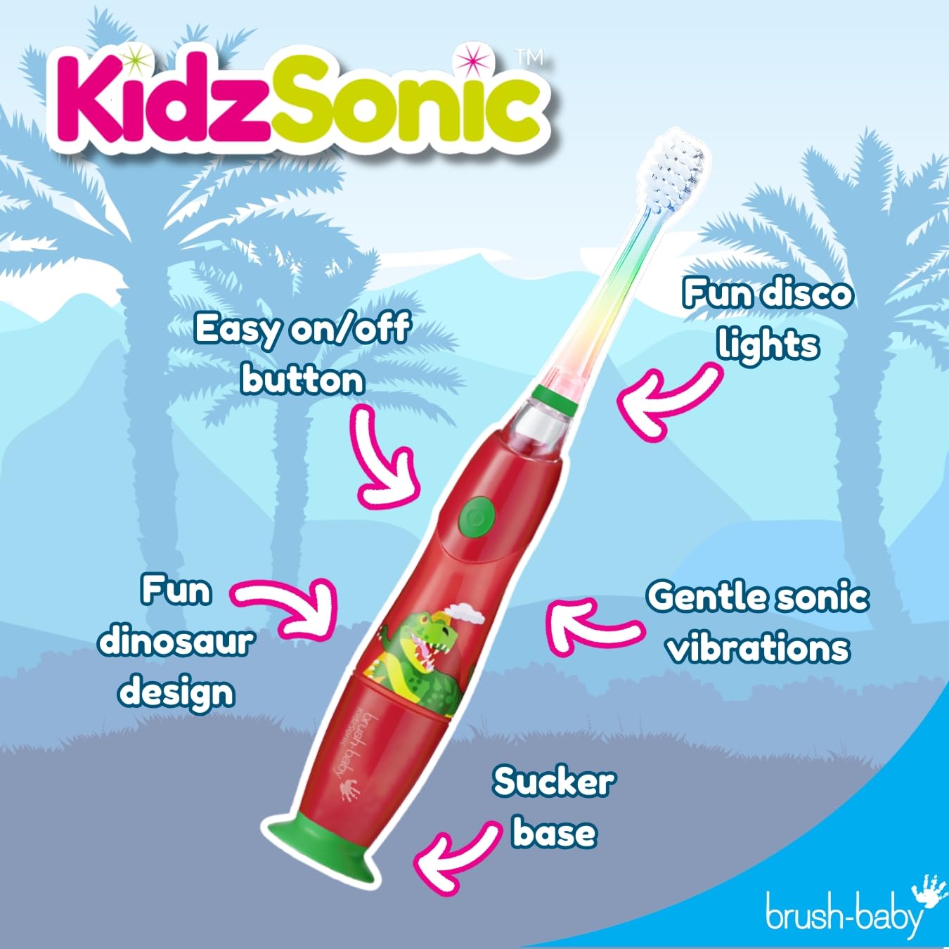 brush-baby KidzSonic Dinosaur Kids Electric Toothbrush (3+) – Disco LED Lights, Gentle Sonic Vibrations, 2-Minute Smart Timer & 30-Second Pulse Reminders – AAA Battery Included