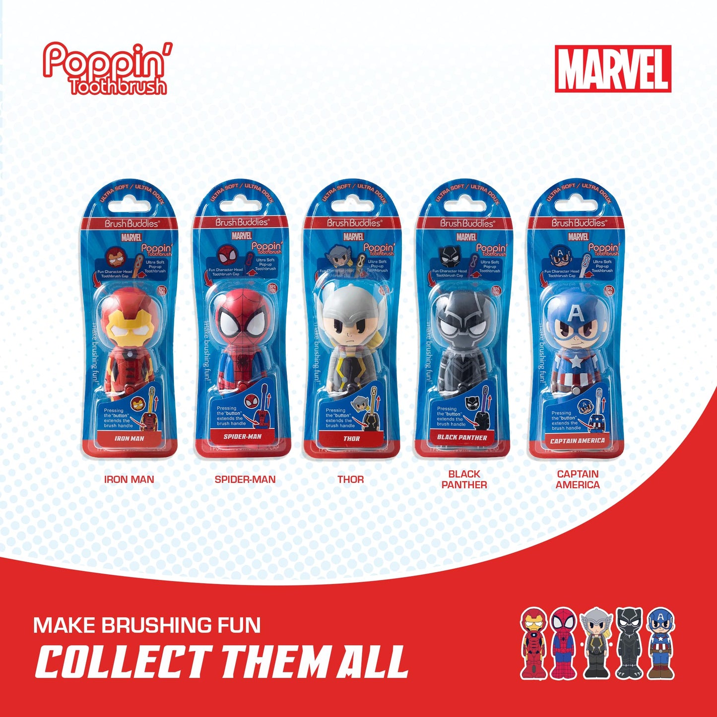 Brush Buddies Captain America Kids Toothbrush — Soft Bristles & Poppin' Cap