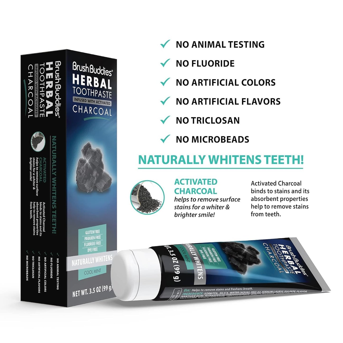 Brush Buddies Charcoal Toothpaste (2 Pack) – Activated Charcoal Whitening, Fluoride-Free